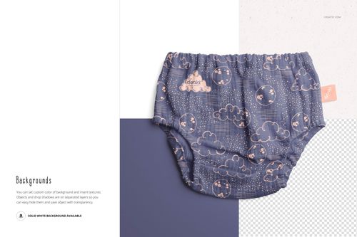 Baby muslin pants mockup displayed from the front, decorated with whimsical clouds and moons on a blue fabric.