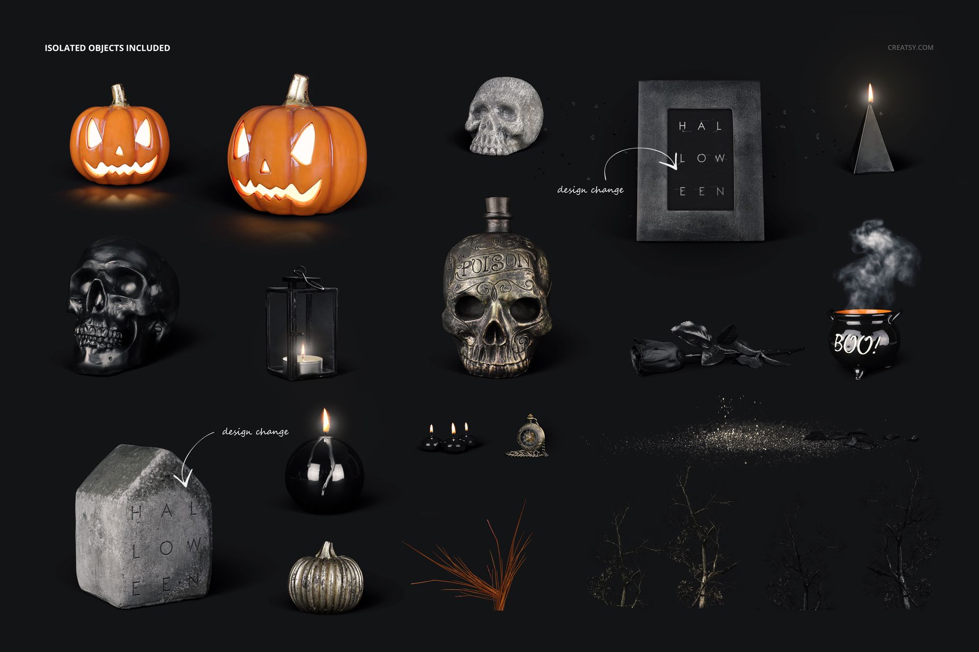 Halloween-themed PSD mockup featuring isolated objects like pumpkins, skulls, candles, cauldron, and lanterns on a dark background.