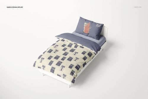 Kids bedding mockup set showing a white bed with blue sheets and pillow, geometric design on the duvet, isolated scene.