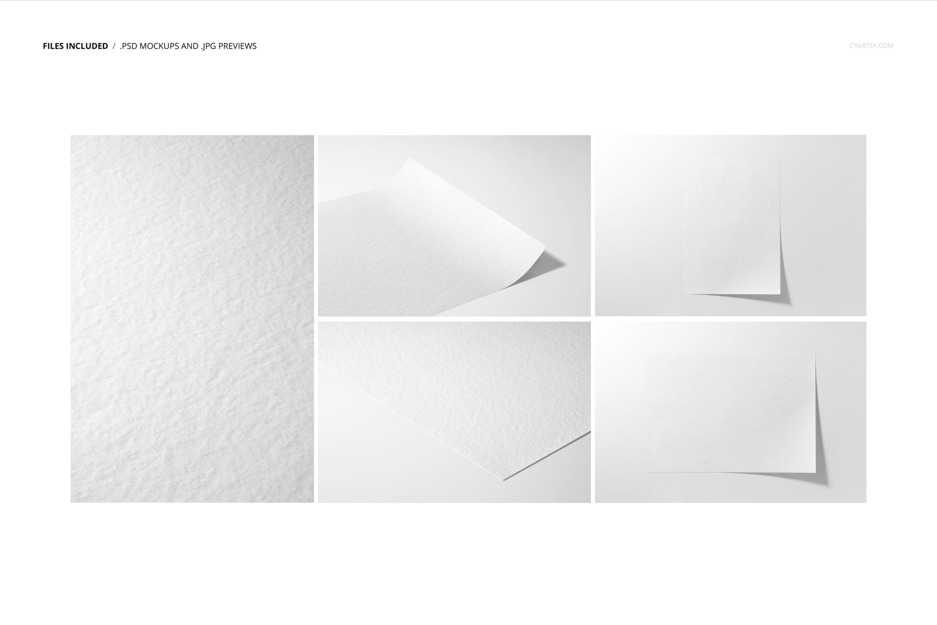 Set of five mockup images showing white Hahnemühle Torchon Giclée fine art paper from different angles and distances.