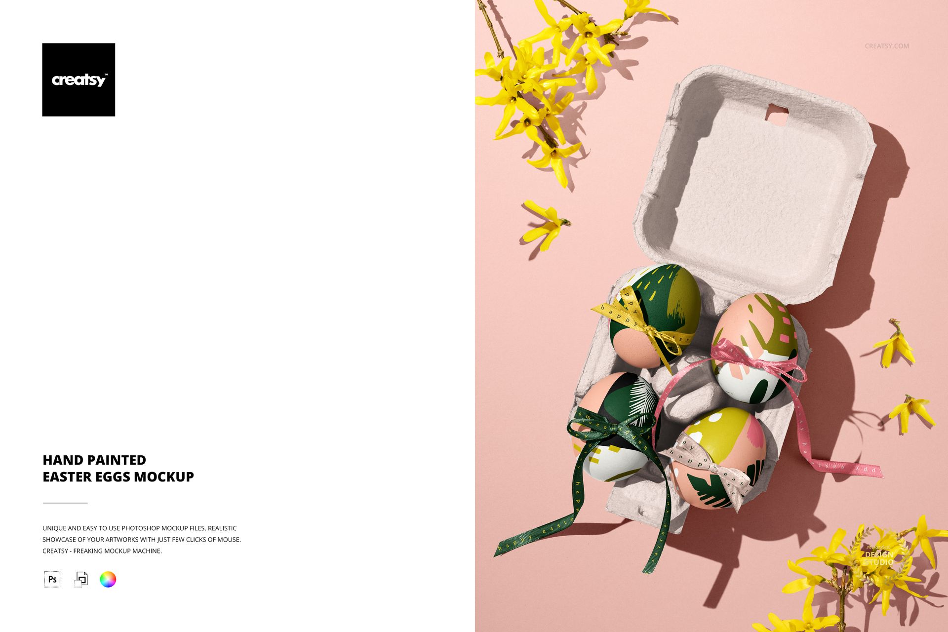 PSD mockup showing hand-painted Easter eggs in a cardboard box, each egg adorned with ribbons and floral motifs.