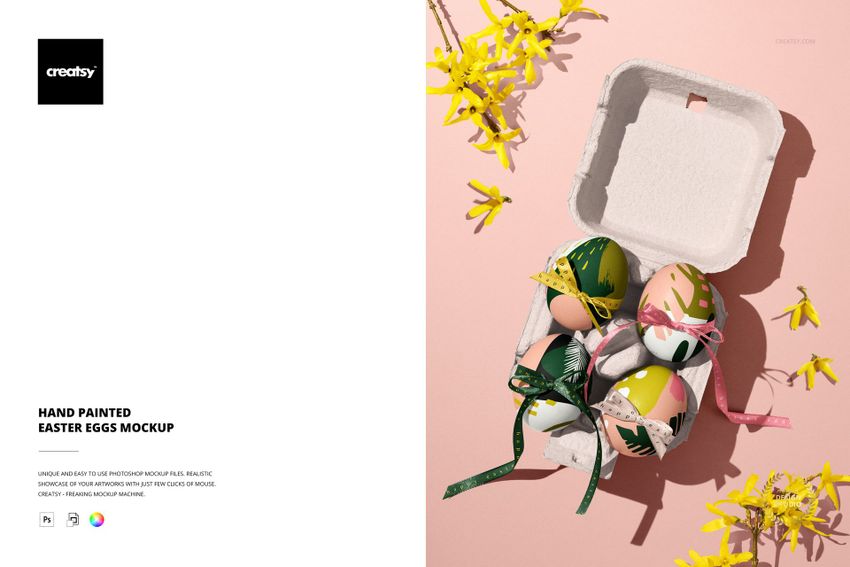 PSD mockup showing hand-painted Easter eggs in a cardboard box, each egg adorned with ribbons and floral motifs.