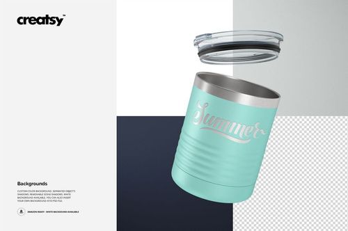 Ringneck 10 oz tumbler mockup featuring a powder-coated light blue finish and script text, lid displayed separately above.