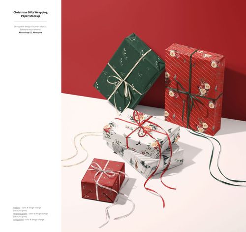 Holiday gift boxes featuring floral and striped designs with ribbon accents, shown in a mockup scene with red and white backgrounds.