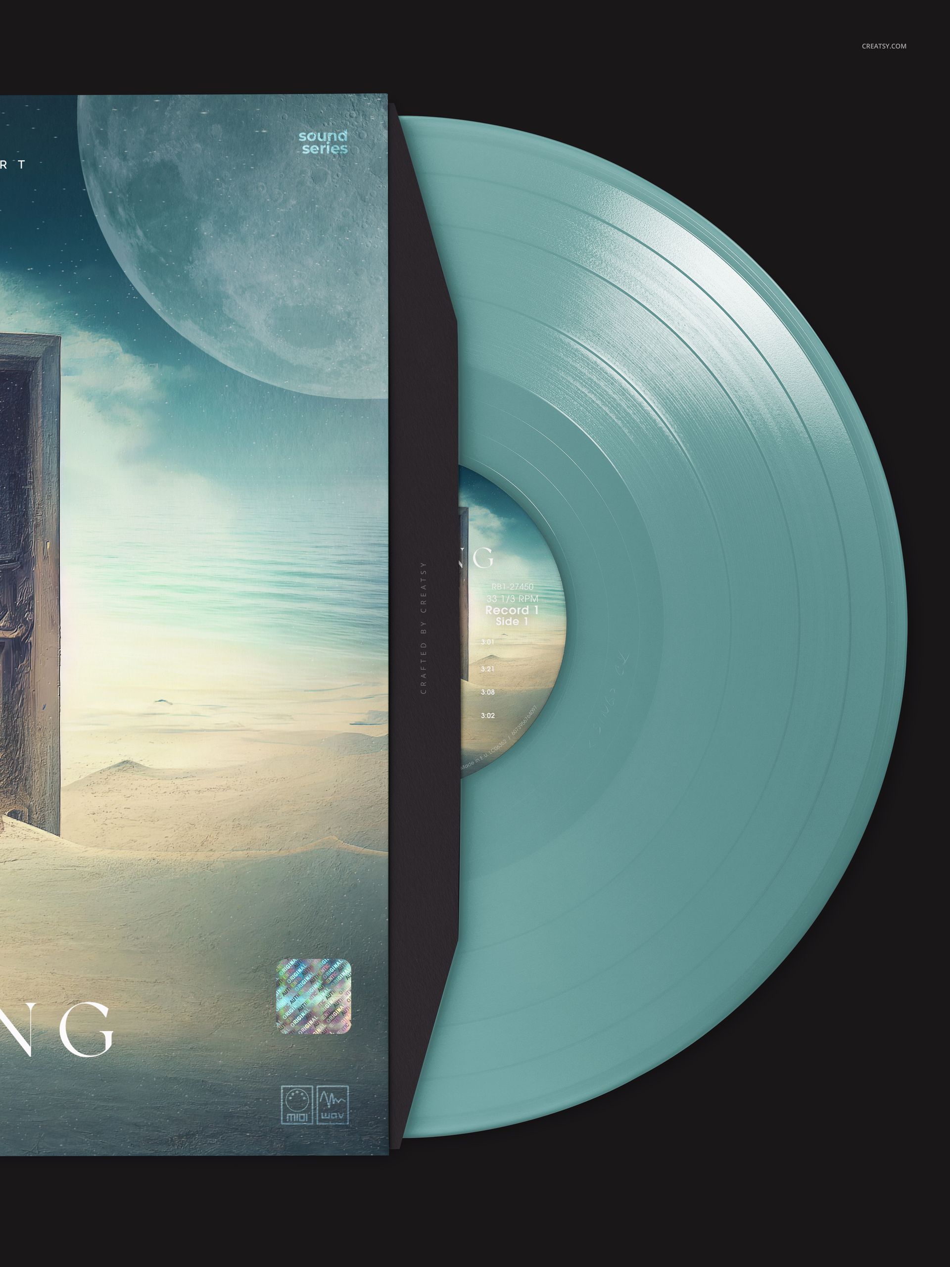 Mockup showing a colored vinyl record in pale teal, half-exposed from an illustrated album cover with dreamlike scenery.
