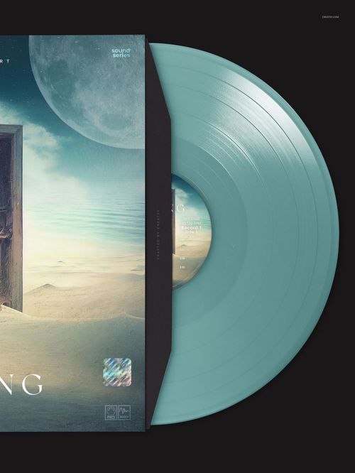 Mockup showing a colored vinyl record in pale teal, half-exposed from an illustrated album cover with dreamlike scenery.