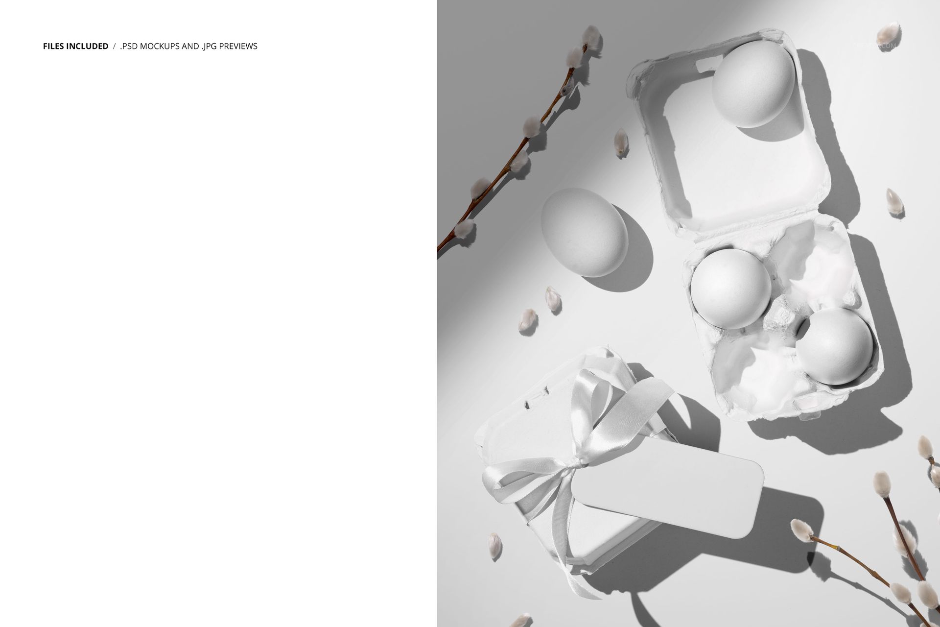 Easter egg boxes mockup showing an open and closed box, white eggs, ribbon, and catkins arranged on a pale surface.