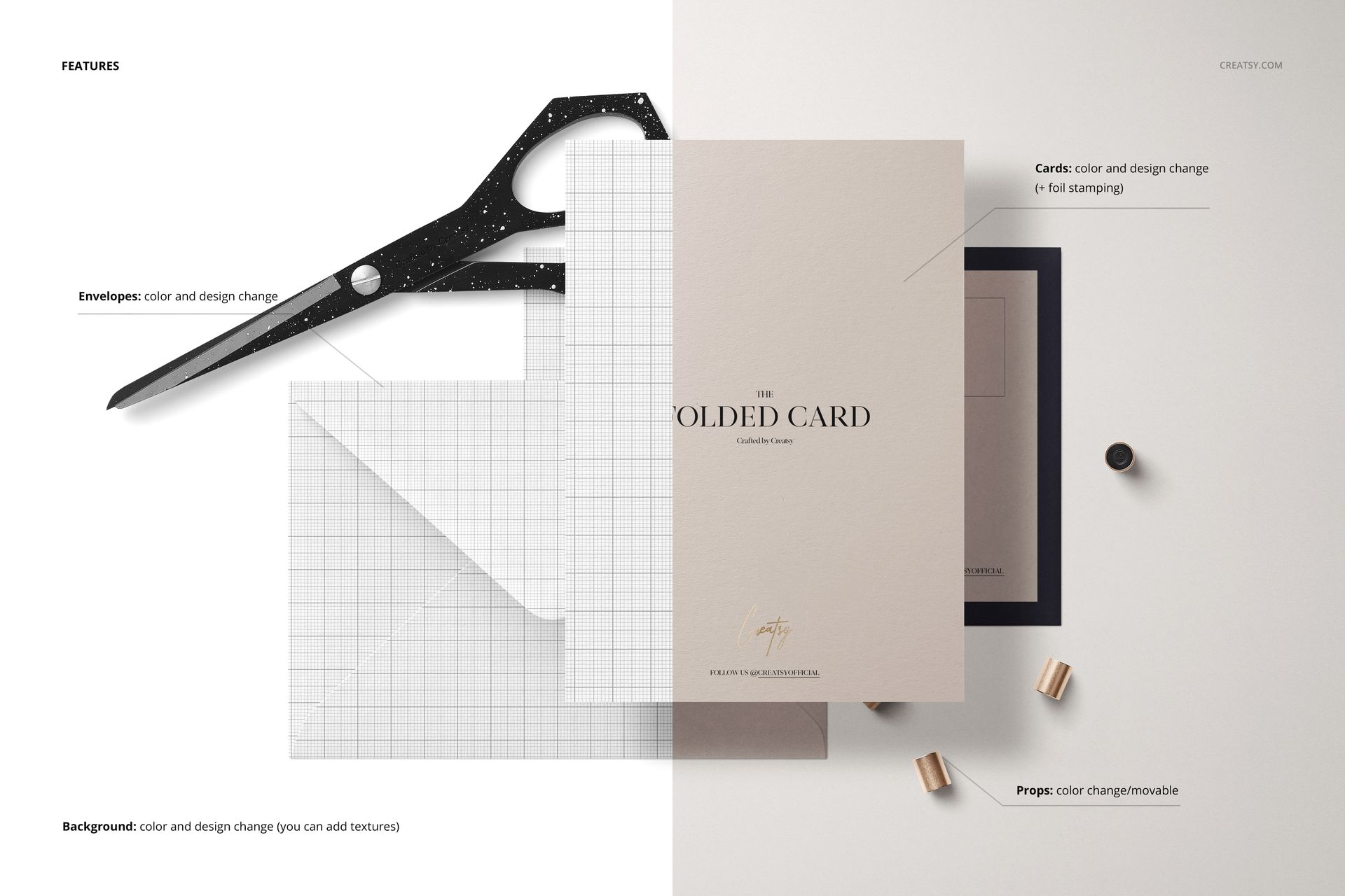 Folded card mockup displayed on a split white and grid background with envelopes, scissors, and small metallic props.