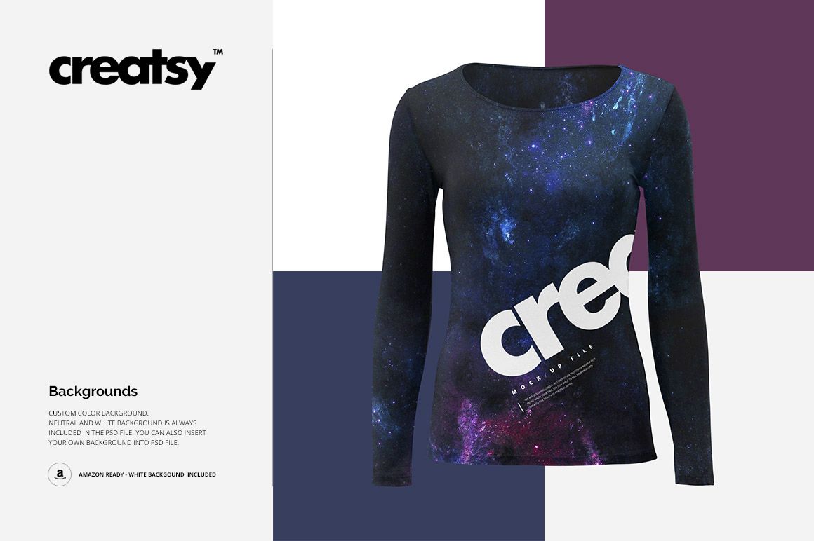Women's long sleeve shirt mockup with galaxy pattern and bold white text, shown from the front on a color-block background.