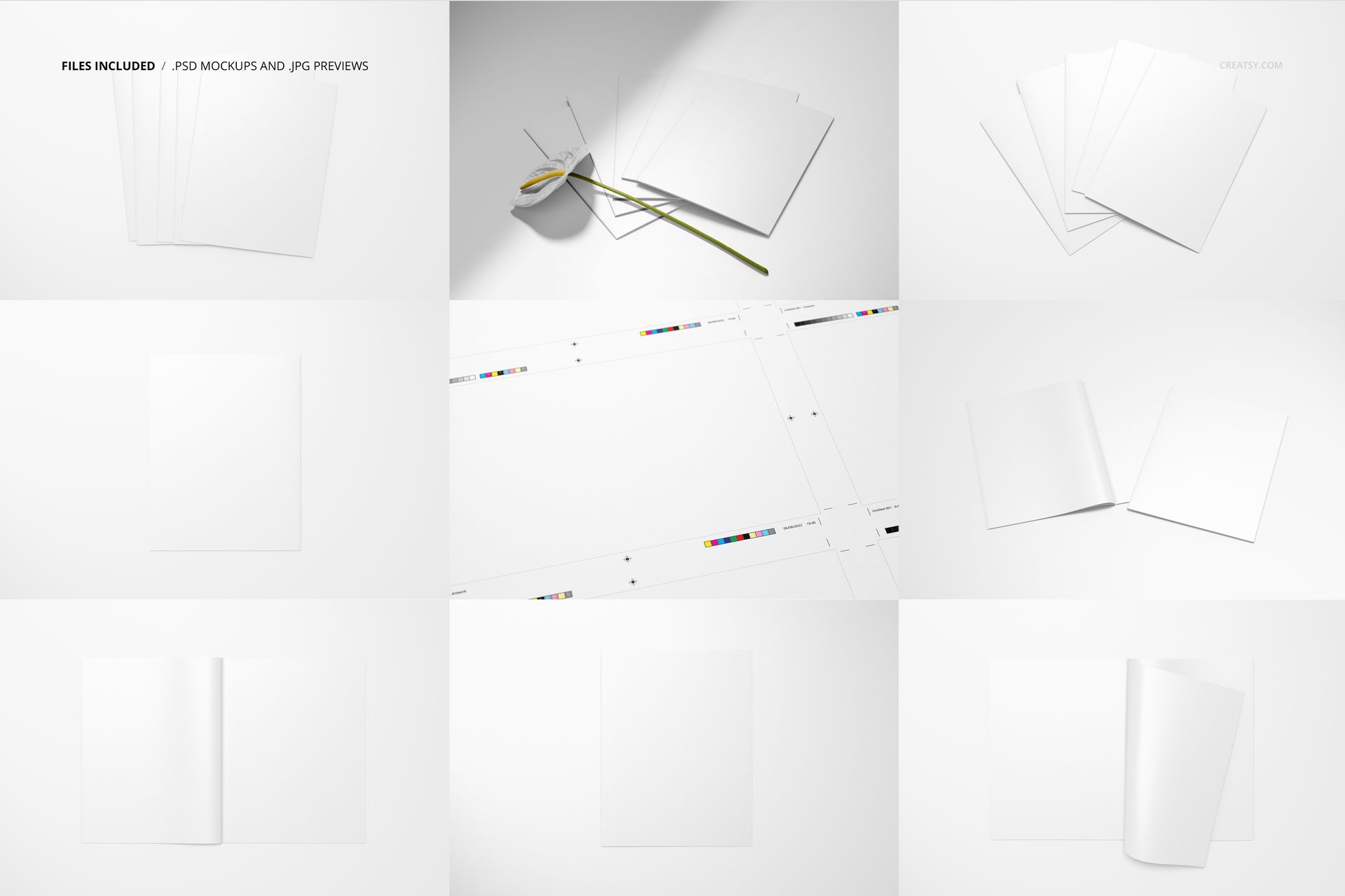 Set of 8.5x11 magazine mockup sheets and open magazines in various layouts, shown on white backgrounds.