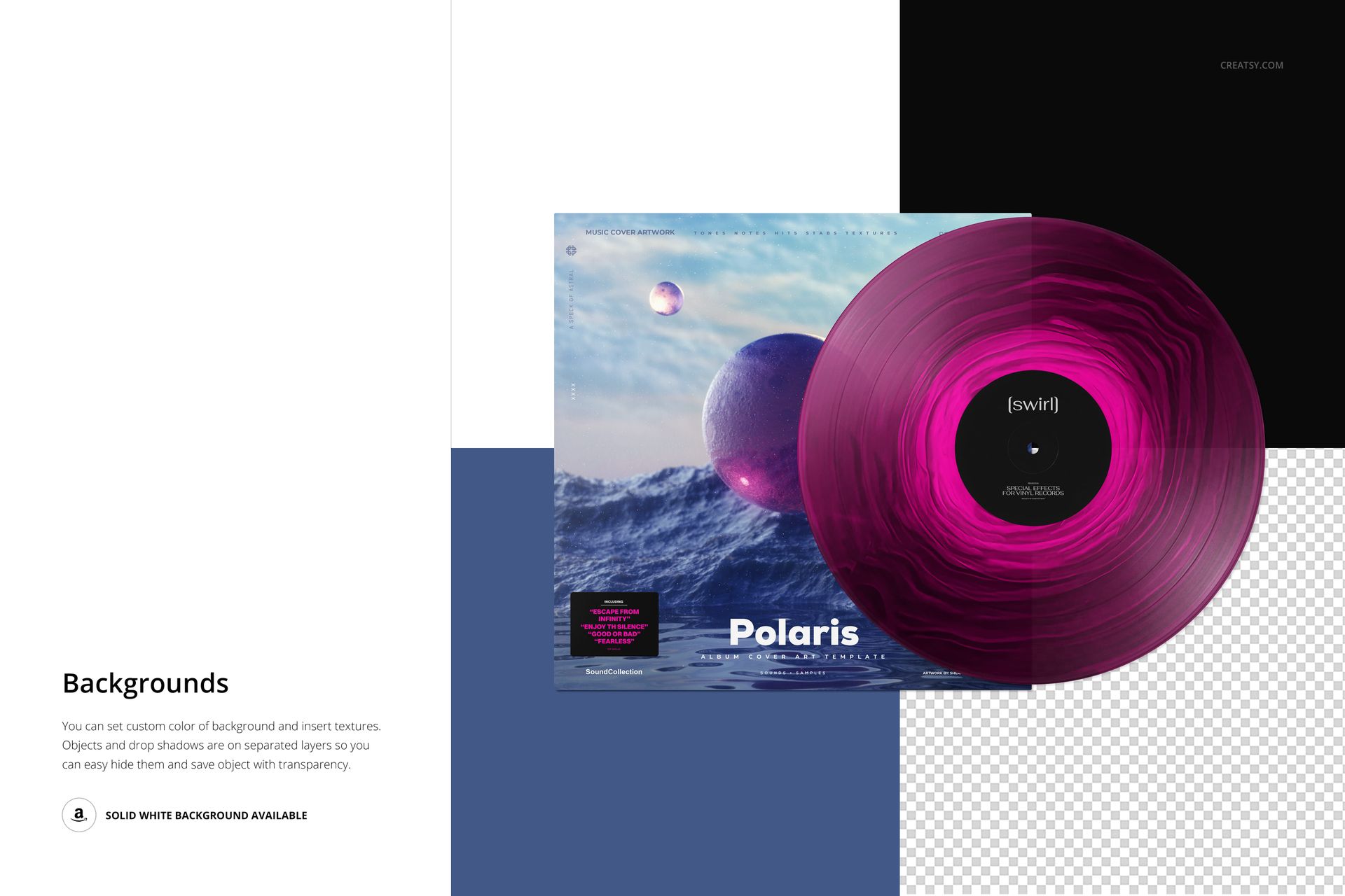 Vinyl record mockup with a swirling magenta pattern, placed beside a cover showing a blue ocean and abstract shapes.