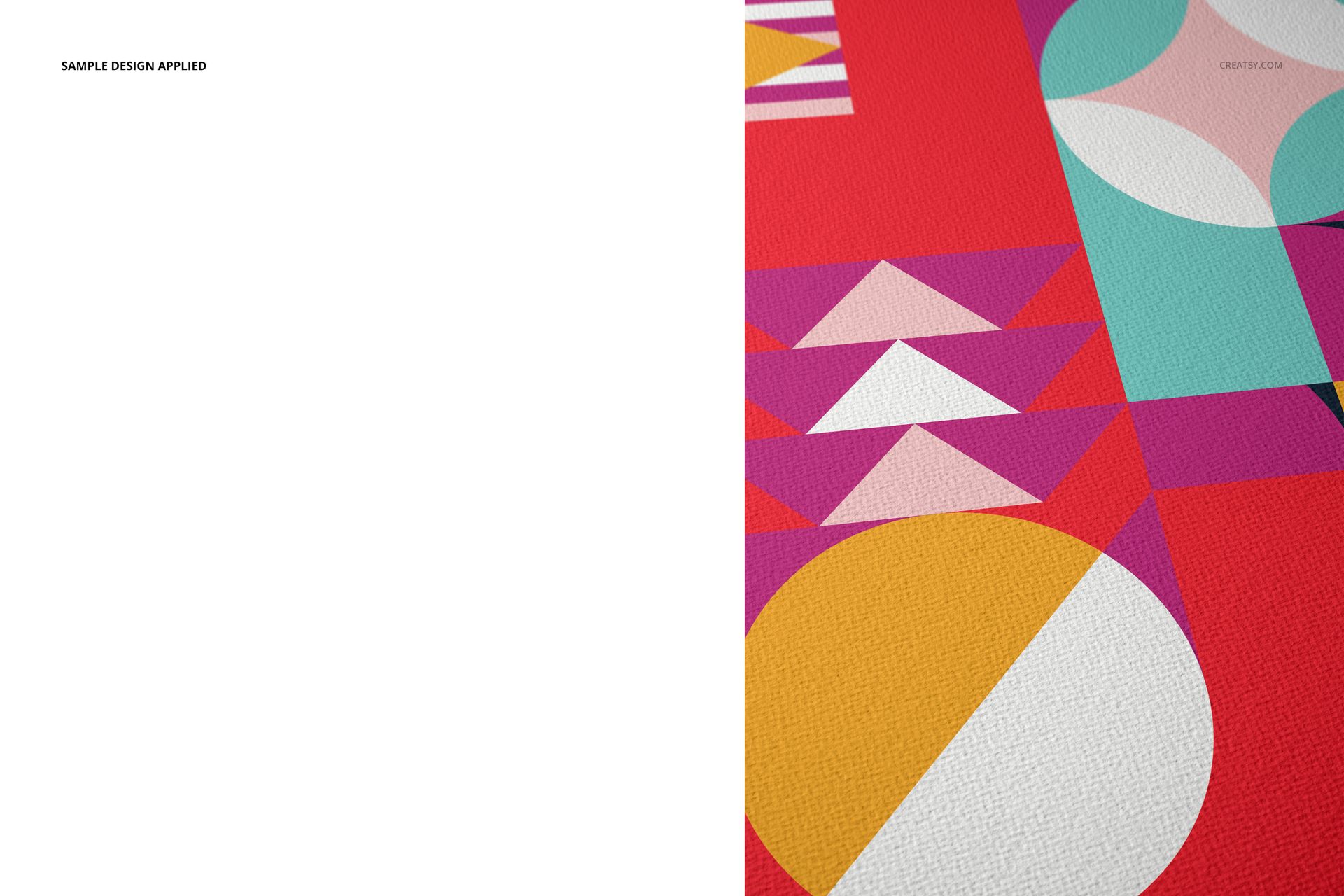 A3 fine art print mockup showing a close-up of colorful geometric patterns on textured paper, side by side with a blank white area.