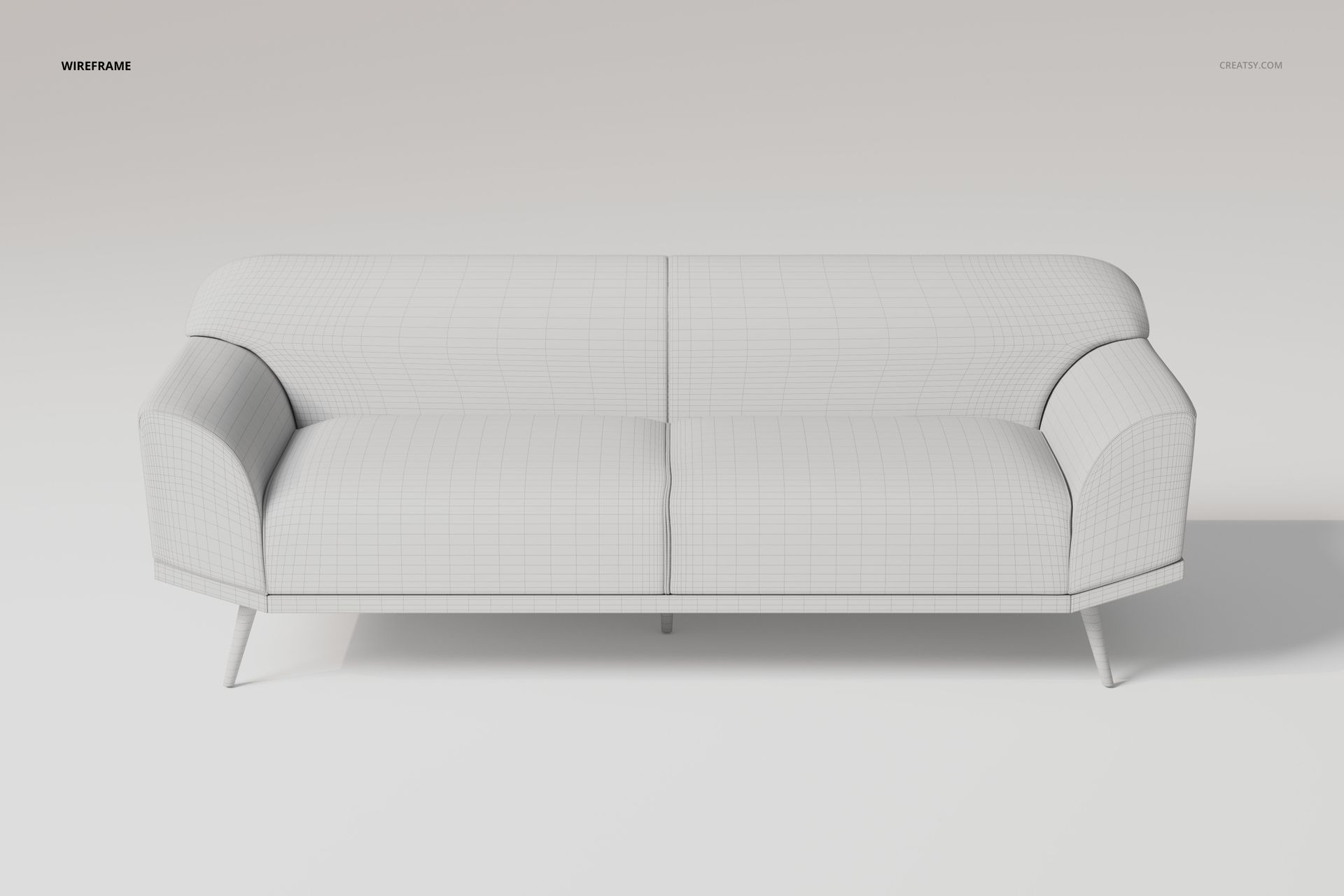 Curved arm sofa 3D model in white wireframe style, front view against a plain light background, showcasing clean geometry.