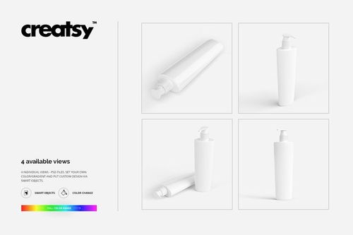 Set of four lotion bottle mockups in white, shown from various angles including upright and lying down views.