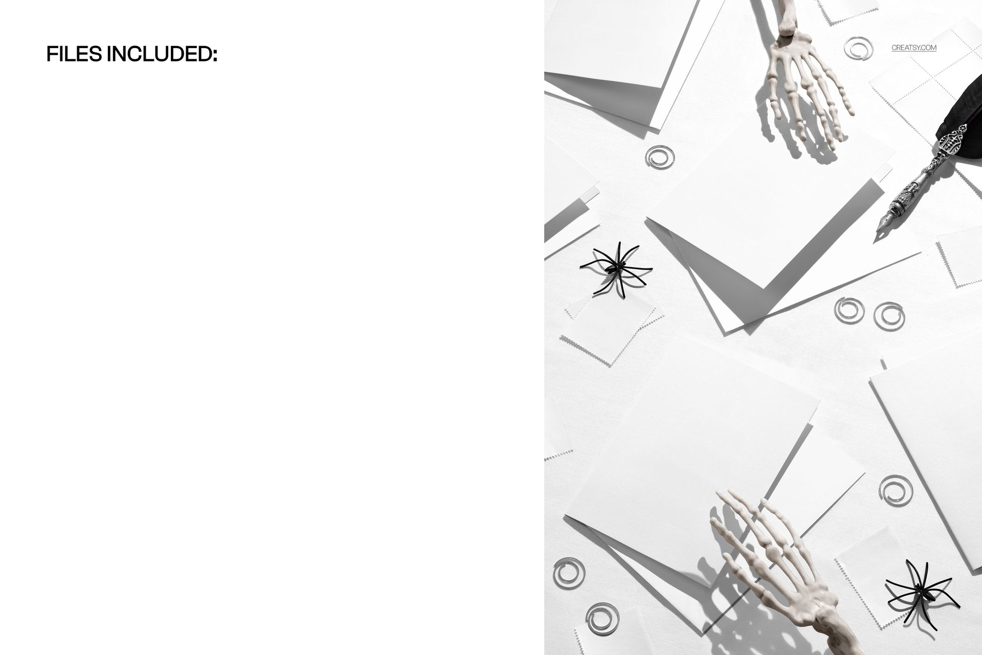 Halloween greeting card and envelope mockup featuring skeleton hands, blank stationery, and spider props on a white surface.
