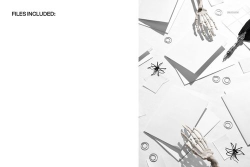 Halloween greeting card and envelope mockup featuring skeleton hands, blank stationery, and spider props on a white surface.