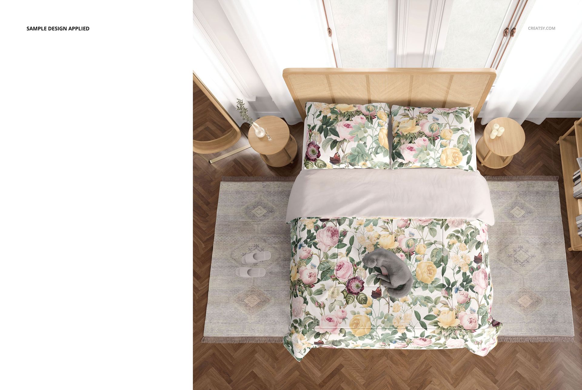 Floral bedding mockup in a cozy bedroom, featuring a cat on the bed and soft natural lighting from large windows.