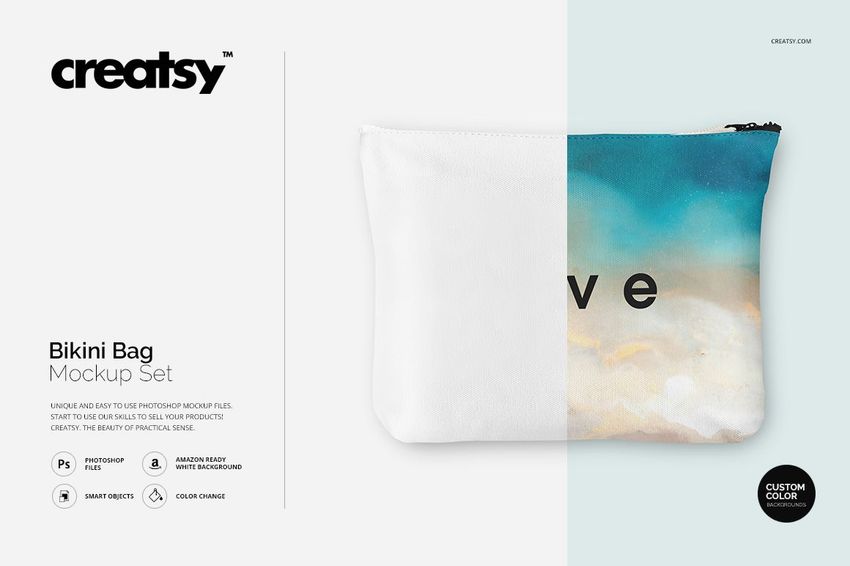 Front view of a bikini bag mockup with a zipper, featuring a split design of plain white and beach scene colors.