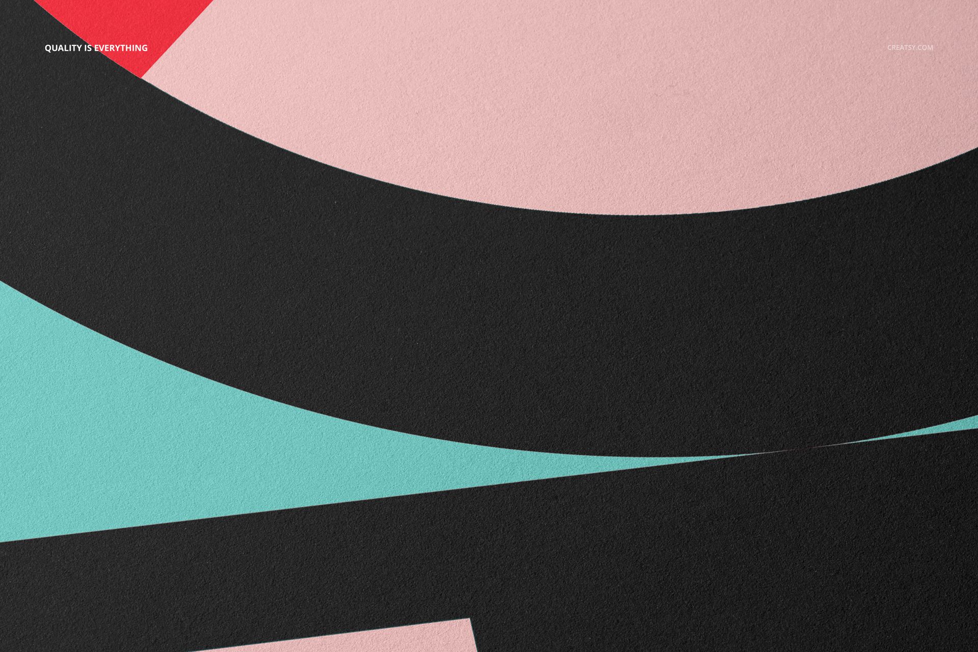 Abstract fine art print mockup with bold curved patterns in pink, teal, and black, shown from a close-up angle.