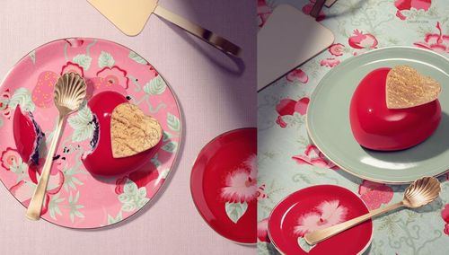 Valentine-themed cake plate mockup featuring a glossy red heart dessert and floral plates, top and angled views.