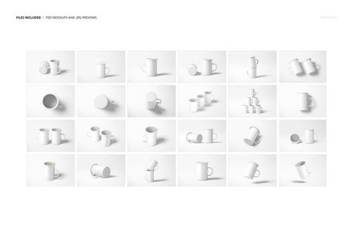 Set of white enamel mugs displayed in various angles and arrangements on a plain background for mockup purposes.