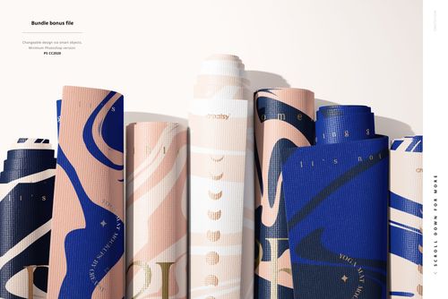 Front view of several yoga mats with geometric and organic prints in muted tones, shown as a PSD mockup set.