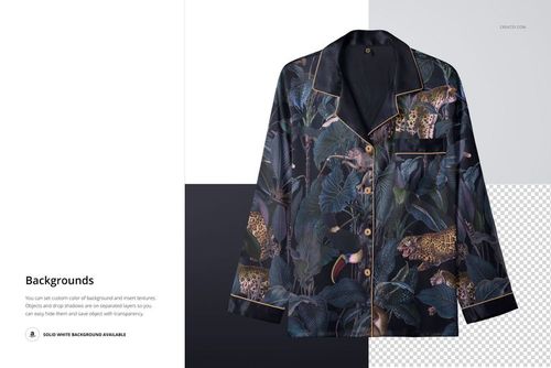 Front view of a long-sleeve silk pyjama top mockup with a dark botanical and leopard pattern on a white and transparent background.