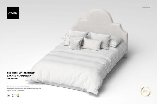 Upholstered bed with an arched headboard in light beige, shown from a front angle with multiple pillows and white bedding.