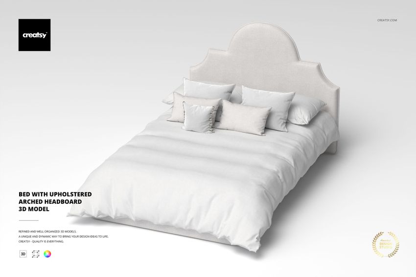 Upholstered bed with an arched headboard in light beige, shown from a front angle with multiple pillows and white bedding.