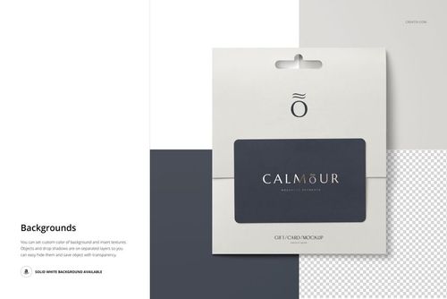 Front view of a rectangular gift card mockup set in a folded paper holder, displayed on a split white and dark gray background.