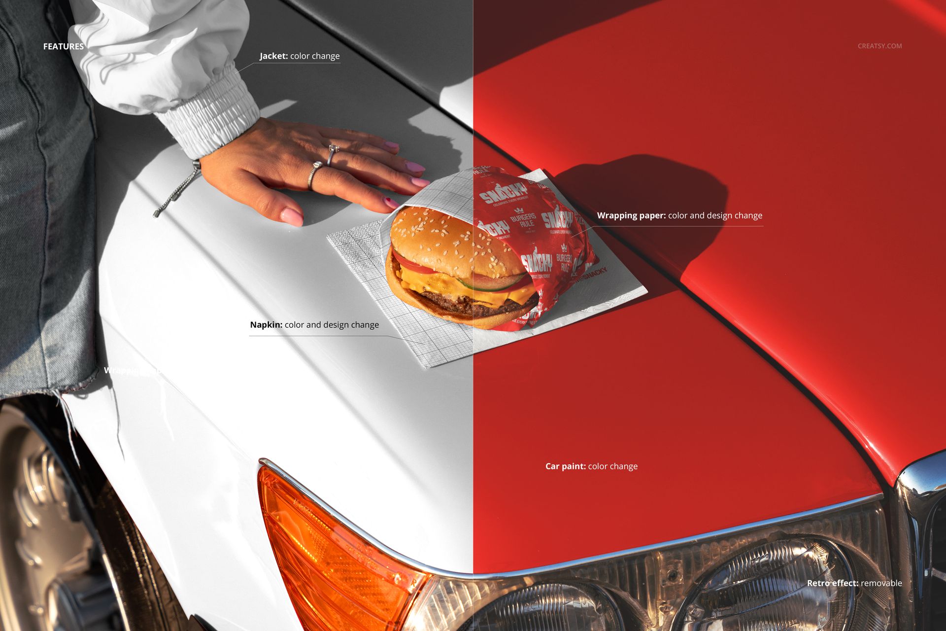 Burger on a napkin placed on the hood of a classic car, shown in a PSD mockup with split white and red paint.