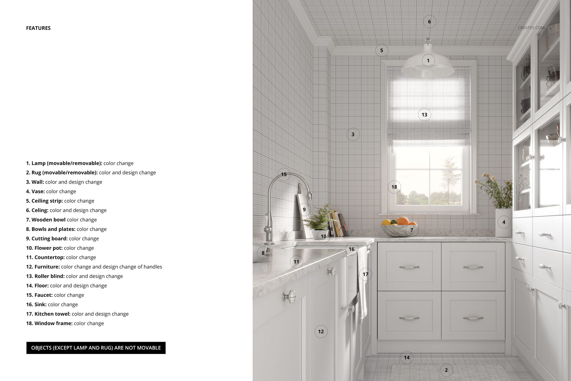 Bright French kitchen mockup with white cabinets, tiled walls, and a window view, shown from a front angle.