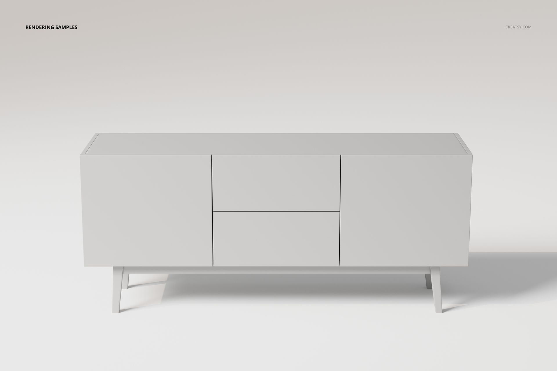 Small media console cabinet in a minimalist style, shown from the front on a plain light background.