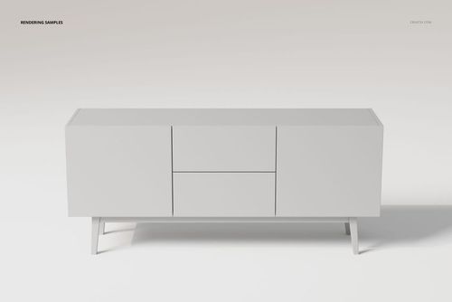 Small media console cabinet in a minimalist style, shown from the front on a plain light background.