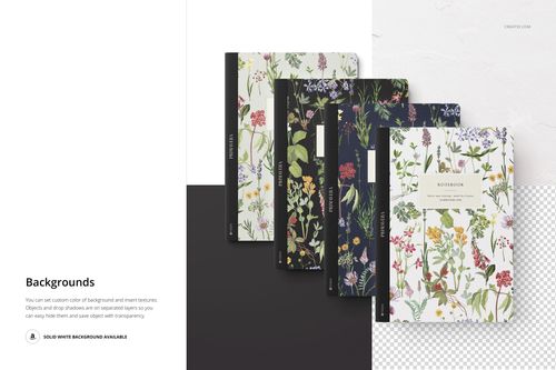 Botanical-themed notebook set mockup featuring four designs, shown from an overhead perspective with a simple backdrop.