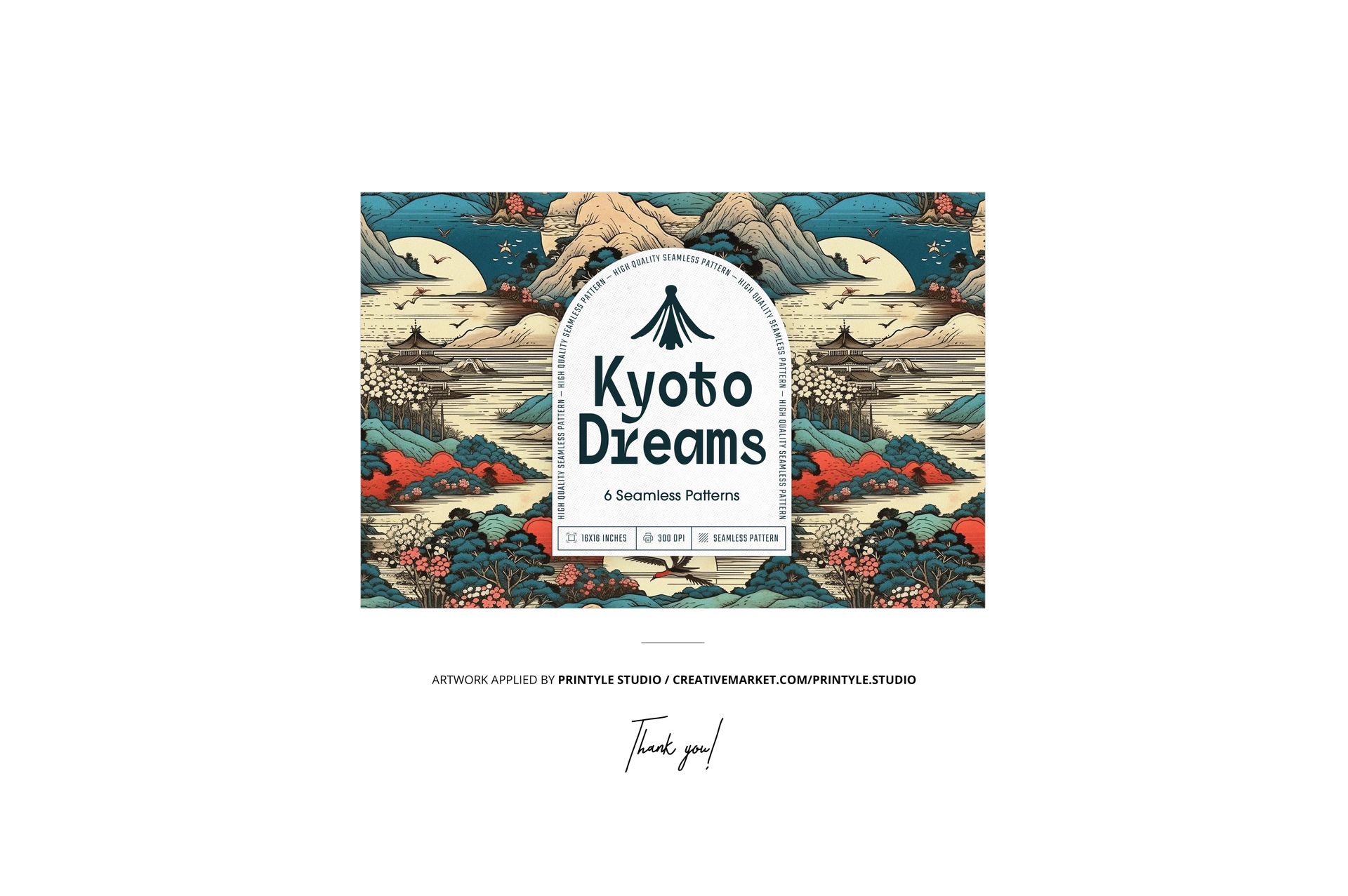 Front view of a Japanese-inspired interior mockup featuring a sofa, wooden coffee table, and Mount Fuji landscape art.