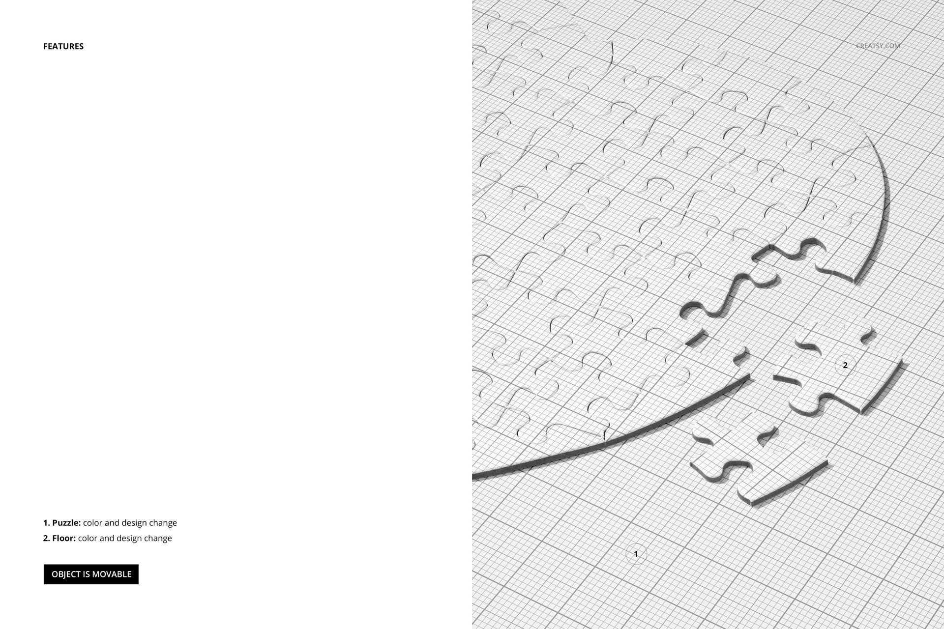 Top view of a half-heart shaped jigsaw puzzle mockup with several loose pieces on a grid background, monochrome design.