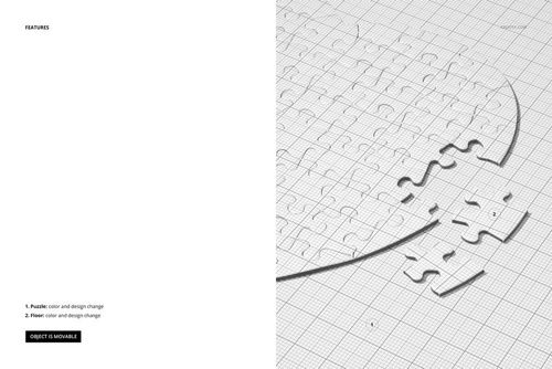 Top view of a half-heart shaped jigsaw puzzle mockup with several loose pieces on a grid background, monochrome design.