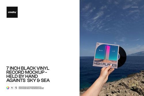 Black vinyl record mockup held by a hand, with album cover, in front of ocean and clear sky background.
