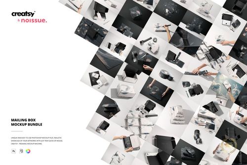 Collage of various mailing box mockups in different shapes and sizes, shown from multiple angles with neutral backgrounds.