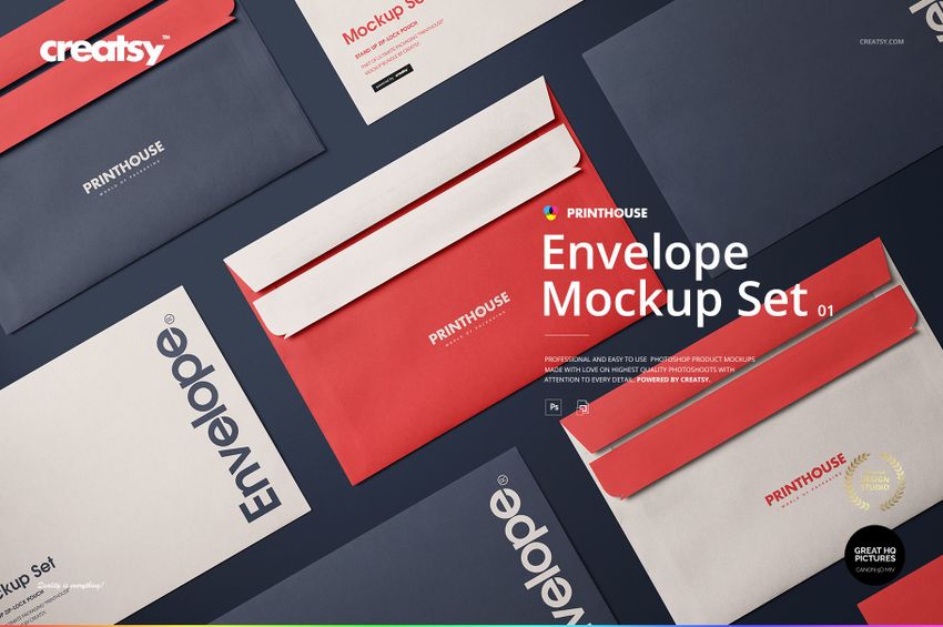 Top view of several envelopes in blue, red, and beige colors arranged on a dark surface, showcasing stationery mockup.