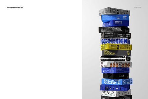 Tall stack of rectangular postal mailing boxes with various colorful designs, shown from a front angle on a plain background.