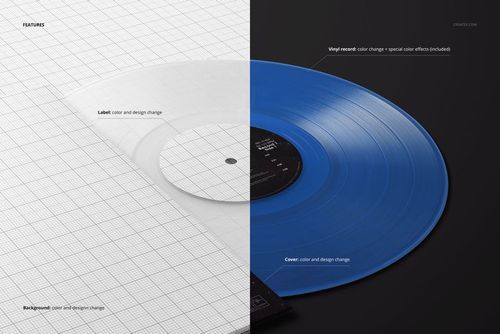 PSD mockup featuring a blue vinyl record and its cover, half on a grid surface and half on a dark backdrop.
