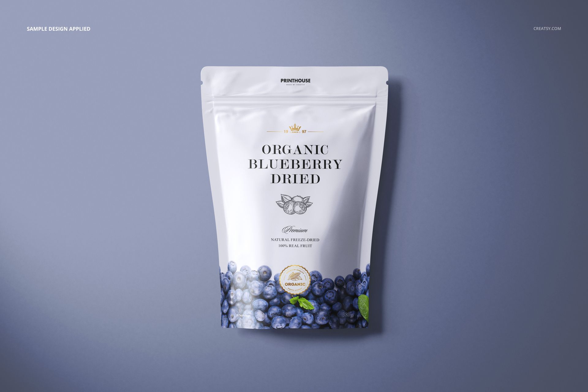 Front-facing matte zip lock pouch mockup featuring a blueberry design, displayed against a soft purple backdrop.