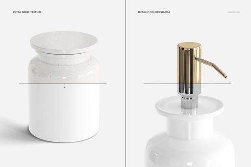 Minimalist bath accessories mockup set showing a white jar with textured lid and a soap dispenser with gold pump.