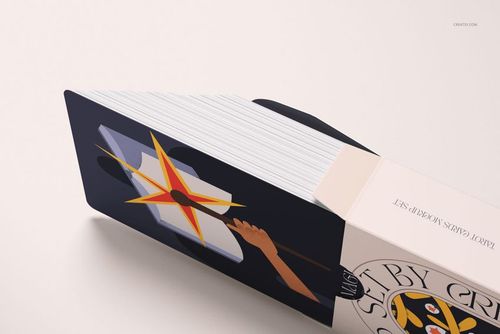 PSD mockup of tarot cards with stylized artwork, displayed in a slightly open box from a top-down perspective.