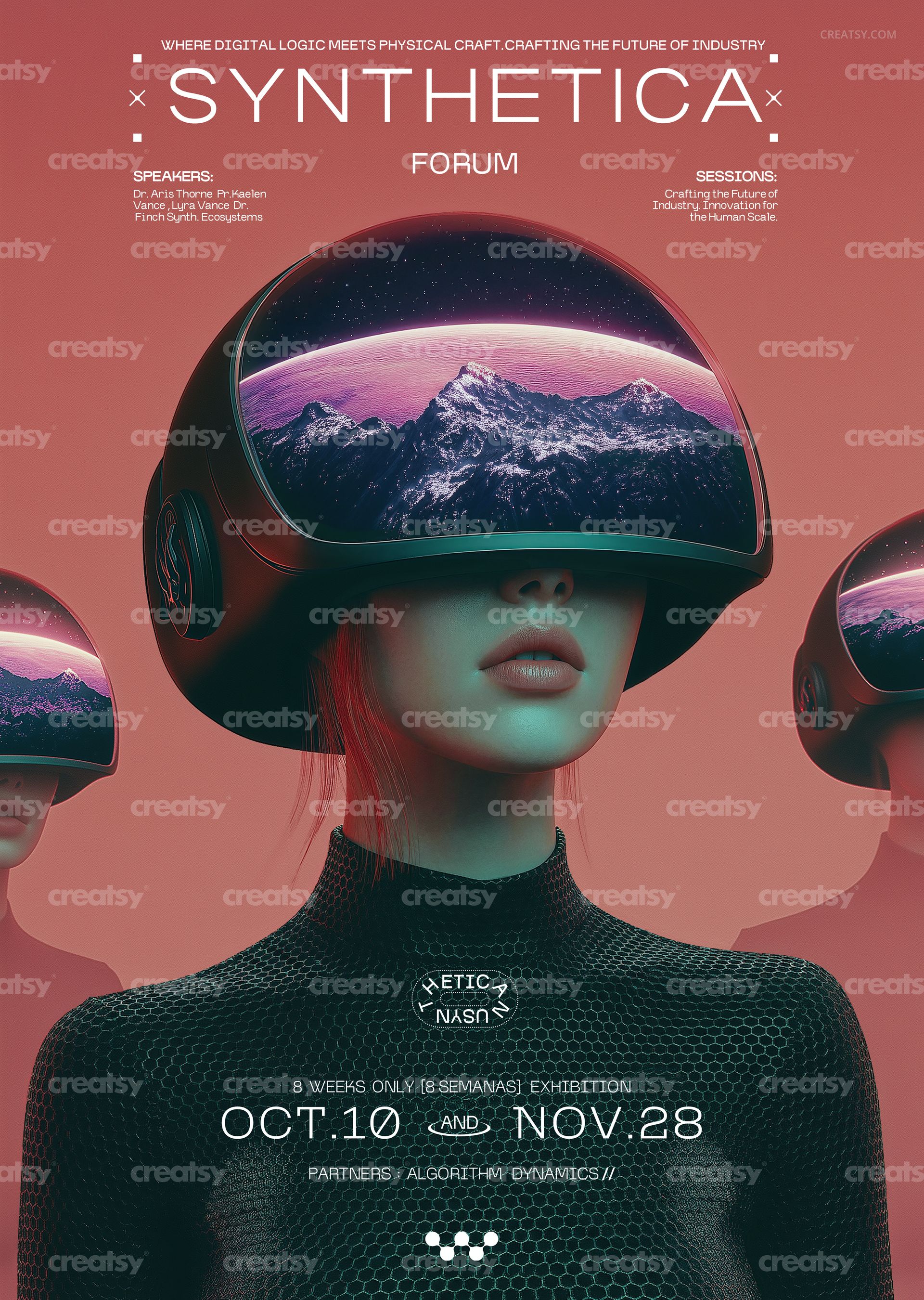 Poster mockup featuring futuristic figures in black textured suits with reflective helmets, set against a pink background.