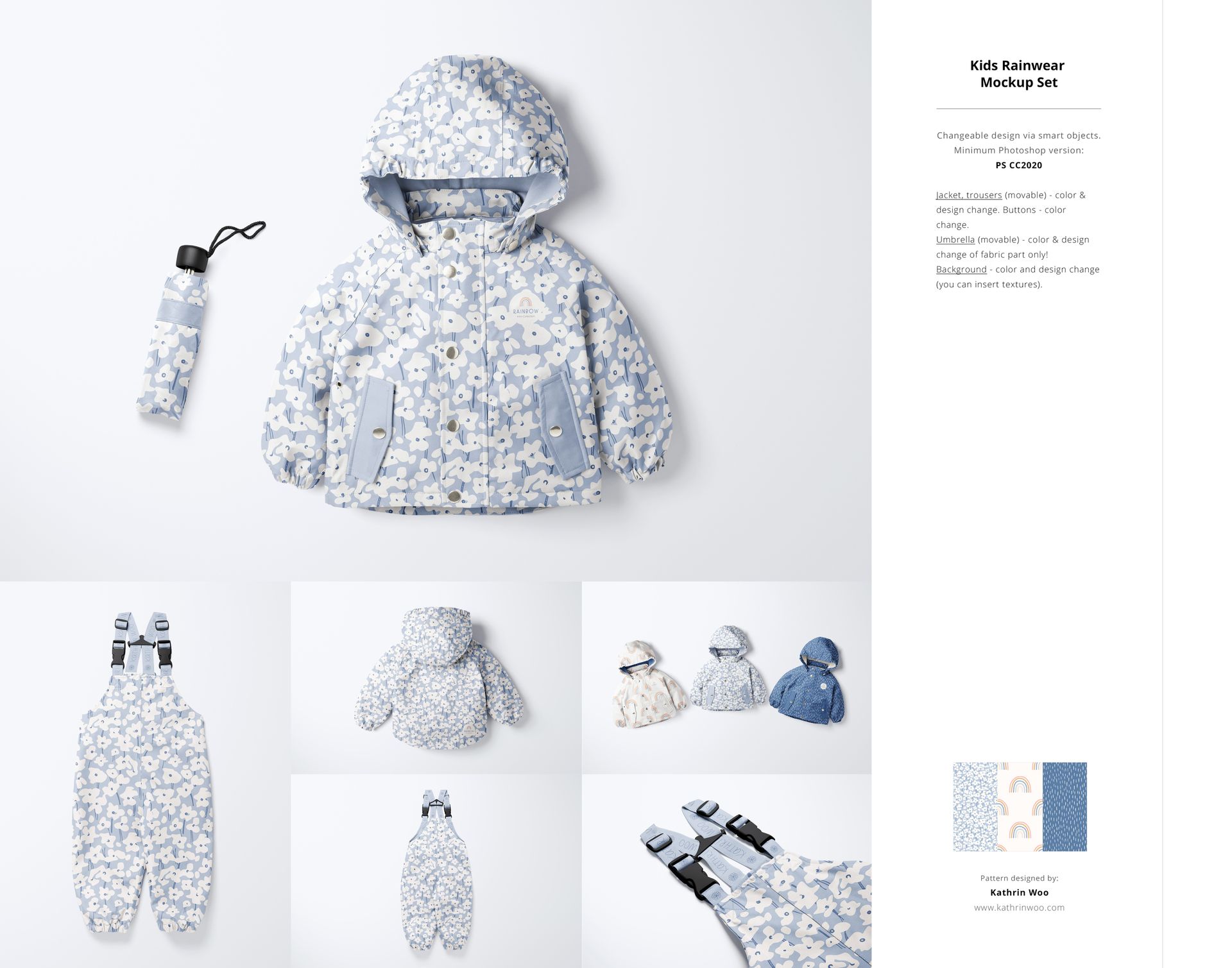 Kids rainwear set mockup with a blue and white cloud pattern, including jacket, pants, umbrella, and accessories on a white background.