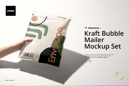 Front view of a kraft bubble mailer mockup featuring geometric patterns and bold text, held by a hand.