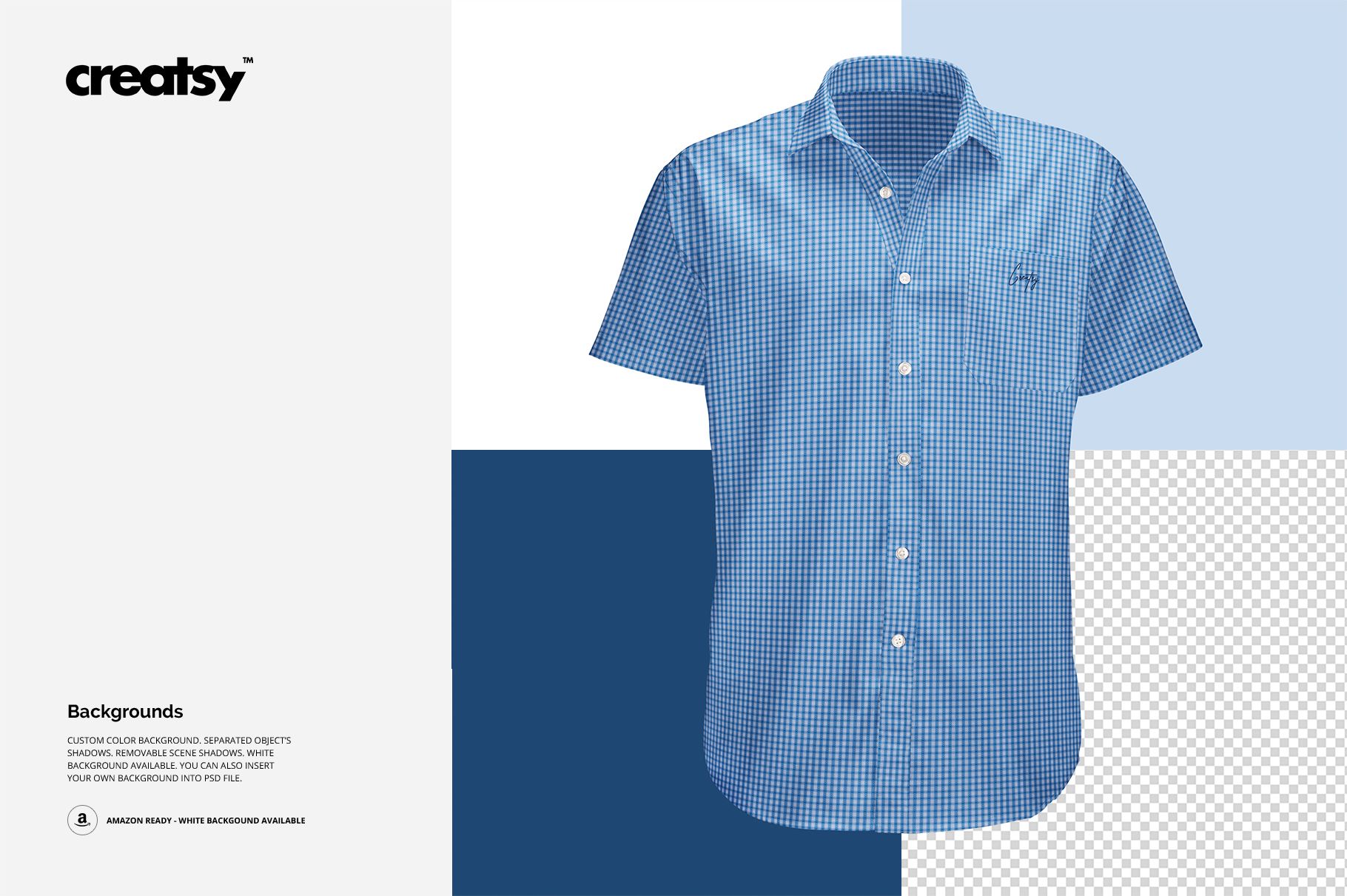 Front view of a short sleeve dress shirt mockup in blue and white checkered pattern on a split color background.